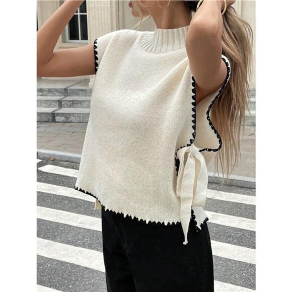 Ribbed Turtleneck Sweater Vest with Contrast Trim - Picture 2 of 11